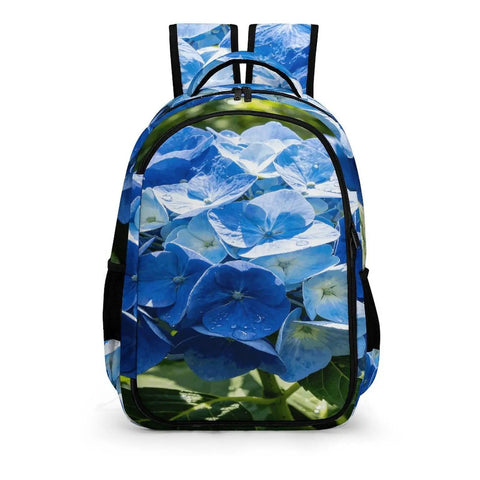 Spacious Unisex Backpack With Blue Hydrangea Print For Summer Garden Vibe, Durable Polyester Daypack For School, Work, Travel