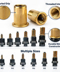 Pro Grade Rivet Nut Tool Kit With Mandrel Head Set M3 To M10, Carbon Steel Build, Heavy Duty Rivet Nut Hardware, Universal Dual Compatibility, Premium Bearing Washer Design For Smooth, Stripping Resistant Fastening. Gold threaded rivet nut set M3-M10