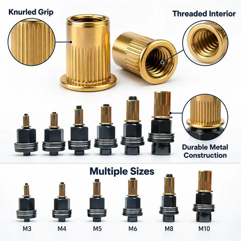 Pro Grade Rivet Nut Tool Kit With Mandrel Head Set M3 To M10, Carbon Steel Build, Heavy Duty Rivet Nut Hardware, Universal Dual Compatibility, Premium Bearing Washer Design For Smooth, Stripping Resistant Fastening. Gold threaded rivet nut set M3-M10