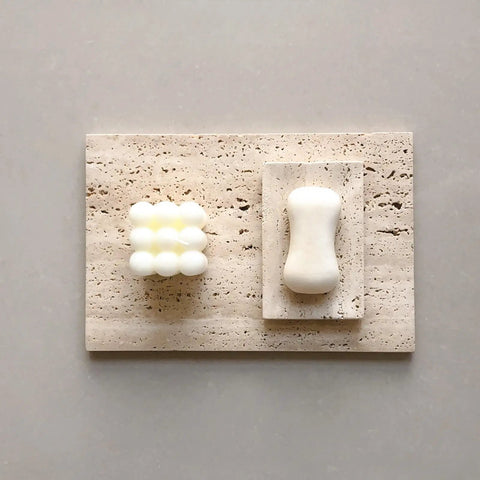 Beige Travertine Marble Slab Tray With Right Angle Surface Plate And Non Slip Mat For Home Decor, Dope Natural Stone With Irregular Holes