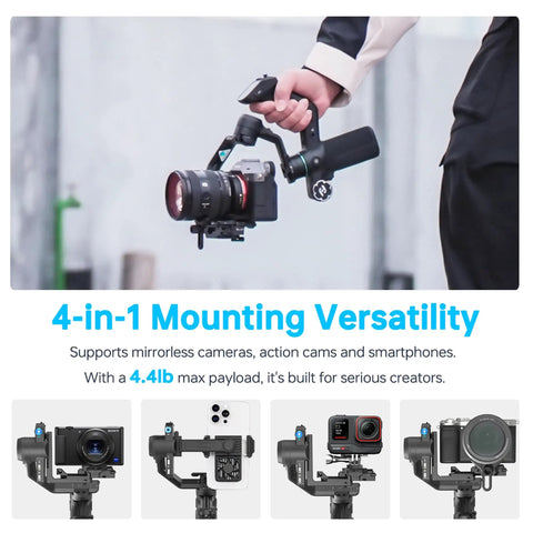 All In One Three Axis Gimbal Stabilizer For Camera Smartphone And Action Cam With Built In AI Tracking 0.003s Response And 18m Tracking Range Detachable Remote Handle shown with cameras mounted
