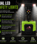 Heavy-Duty Electric Stand-On Pallet Stacker With Two-Stage Mast And 1.5-Ton Capacity showing dual LED safety lights for visibility.