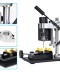 Heavy Duty 200W Mini Bench Drill Press Stand With Seven Gear Variable Speed Up To 8000 R/min Precision Pillar Drill Machine showing compact design and drilling attachments.