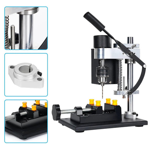 Heavy Duty 200W Mini Bench Drill Press Stand With Seven Gear Variable Speed Up To 8000 R/min Precision Pillar Drill Machine showing compact design and drilling attachments.