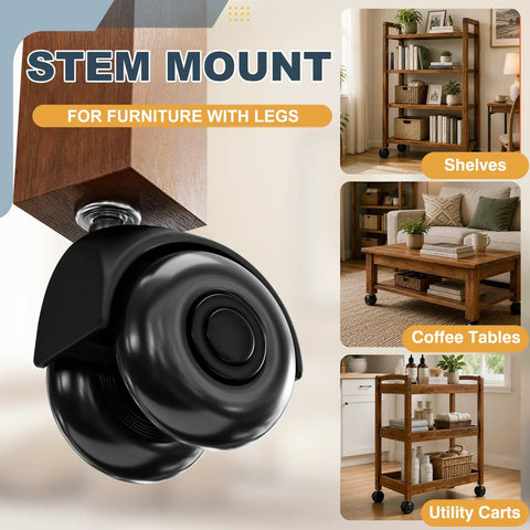 Hard Core 2 Inch Swivel Caster Wheels Set Of 4 Built For Heavy Lifting With Smoother Than Glass Rolling Performance Featuring No Sweat Install Using Both 5/16 Stem And Top Plate Mounts For Furniture Or Gear mounted on a furniture leg.