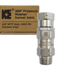 Stainless Steel 3/8 Inch NPT-M 360 Degree Pressure Washer Swivel Built To Last Leakproof High Flow Design For Up To 4000 PSI Keeps Hoses Flexible And Twist Free Not For M22 Threads Ideal For Tough Jobs, 3/8 NPT-M stainless steel swivel with box