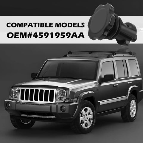 Transmission Dipstick Filler Cap Replacement For Transmission Fill Plug, shown next to compatible Jeep model, OEM 4591959AA