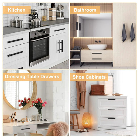 Collage of kitchen, bathroom, dressing table, and shoe cabinet featuring 30 Pack 5 Inch Cabinet Handles Matte Black Stainless Steel Drawer Pulls