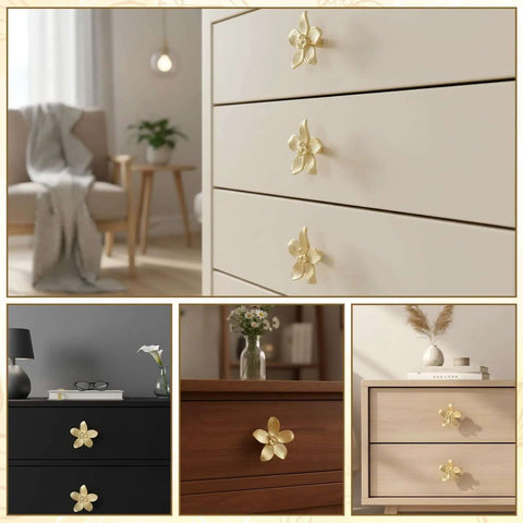 Brushed Gold Flower Cabinet Knobs Set Of 8 With 19mm 25mm And 38mm Screws 2.4 Inch Dope Gold Hardware for cabinets and drawers