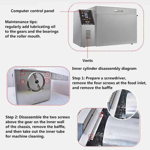 Next Level 2Kg Electric Coffee Bean Roaster With Adjustable Temp And Timer Controls showing computer control panel and maintenance tips.