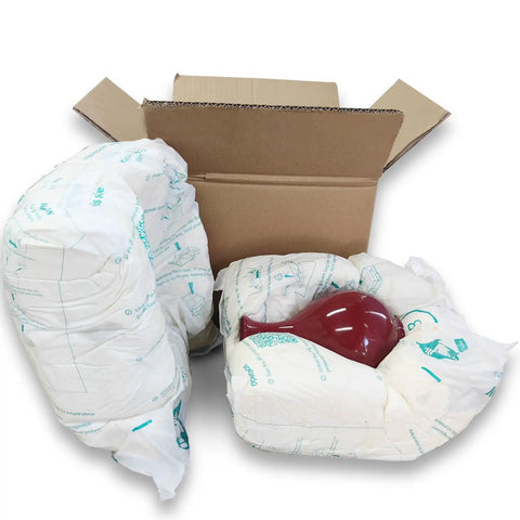 Open box with 8 Pack Expanding Packing Foam Cushions 14x16 Inches for Shipping and Moving, surrounding a red vase, filling voids for protection.