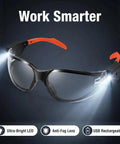 Kickass Rechargeable Led Safety Glasses With Built In Work Lights For Mechanics Auto Repair And Tight Garage Jobs Featuring Hella Bright Fog Free Lenses And Scratch Resistant Shielding, showcasing ultra-bright LED work lights.