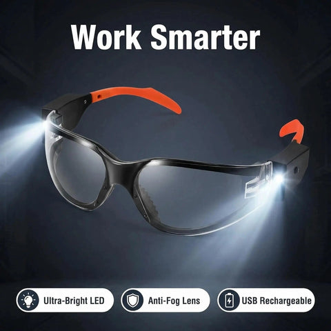Kickass Rechargeable Led Safety Glasses With Built In Work Lights For Mechanics Auto Repair And Tight Garage Jobs Featuring Hella Bright Fog Free Lenses And Scratch Resistant Shielding, showcasing ultra-bright LED work lights.