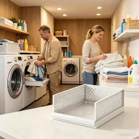 Stackable Closet Organizers Supercharge Your Home Storage Routine With Durable Wardrobe Bins in a laundry room setting.