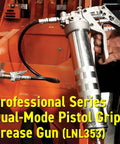 LockNLube professional dual-mode pistol grip grease gun with silver metal body and 20-inch hose with inline swivel