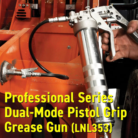 LockNLube professional dual-mode pistol grip grease gun with silver metal body and 20-inch hose with inline swivel