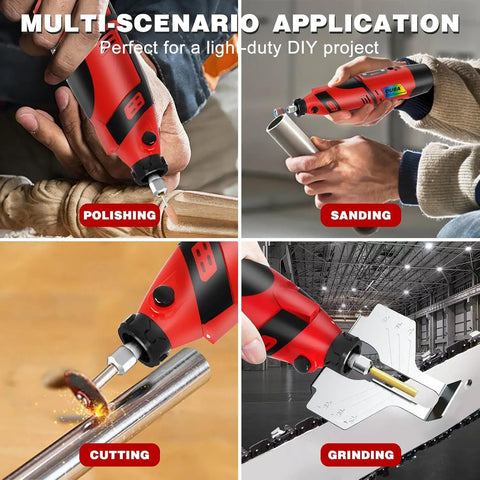Cordless Chainsaw Sharpener Kit With Battery For Quick Easy On The Go Sharpening shown in polishing, sanding, cutting, and grinding applications.