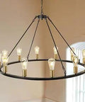Dope Modern Black And Gold Farmhouse Wagon Wheel Chandelier, 12 Light Industrial Metal Rustic Round Lighting Fixture, 40 Inch Diameter