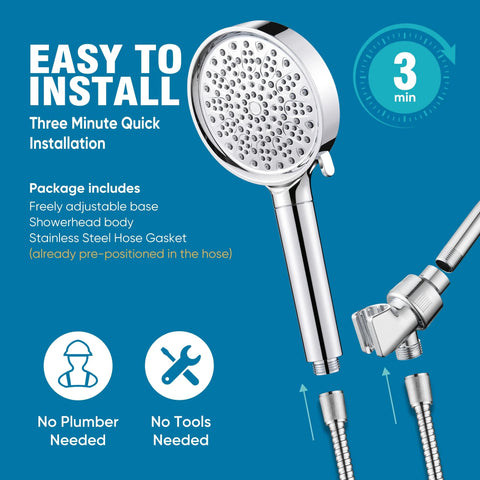 Chrome handheld shower head with flexible hose and wall-mount bracket