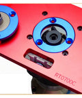 Heavy Duty Aluminum Router Table Insert Plate With Fast Align Center Bushing For Woodwork Stations close-up of red plate with blue center bushing.