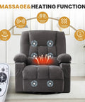 Relax In A 360 Swivel Rocker Recliner With Massage And Heat, featuring controls, vibration points, and lumbar heat function