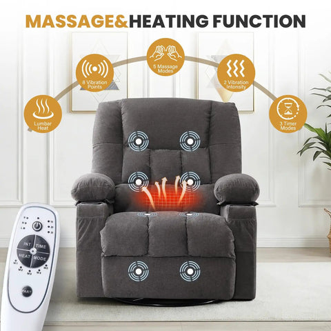 Relax In A 360 Swivel Rocker Recliner With Massage And Heat, featuring controls, vibration points, and lumbar heat function