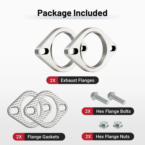 Battle Ready 2.5 Inch 2 Bolt Exhaust Flange Connection Kit Crafted From 304 Stainless Steel includes 2 exhaust flanges and gaskets.