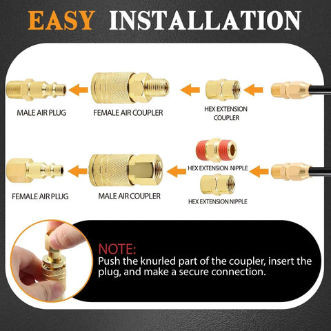 Beefed Up Quick Connect Hose Fittings Kit For Air Compressors 1/4 Inch NPT With 360 Degree Swivel Couplers And Plugs 22 Piece Set Includes Nipples Teflon Tape For Pro DIY Air Tool Setup brass quick-connect fittings with male and female plugs
