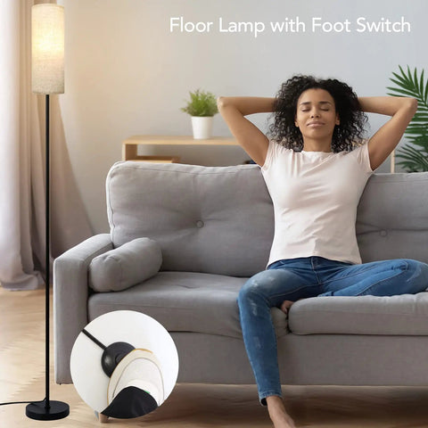 Modern Tall LED Floor Lamp With Linen Shade And Black Iron Pole in living room, E26 Bulb Ready, Minimalist Stand Lighting