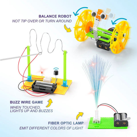 Six In One STEM Robotics Kit For Kids Ages Eight To Twelve With Balance Robot, Buzz Wire Game, and Fiber Optic Lamp
