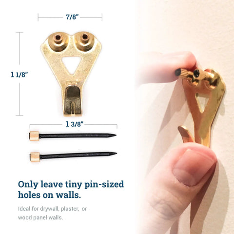 Heavy Duty Picture Hangers With Nails, 50 Lb Wall Hooks For Drywall And Plaster, Pack Of 20 detail close-up with measurements.