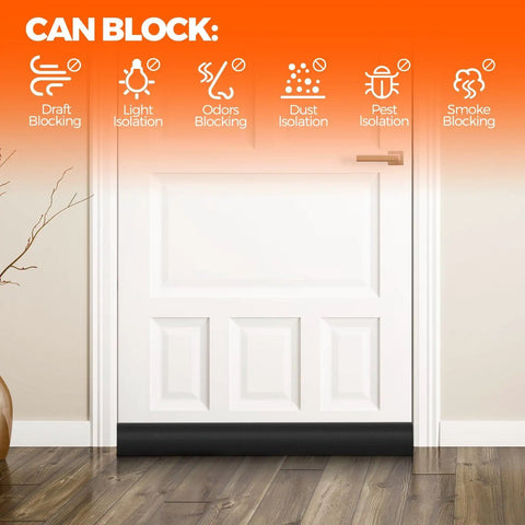 Heavy Duty Adjustable Door Draft Stopper And Weather Stripping Seal blocks drafts, dust, and pests under a white door.