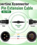 Built Tough 3 Pin Xconnect Extension Cable 10ft Drop with IP67 rated waterproof connectors and wiring details.