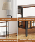 Floor Lamp With Integrated Table And Storage Baskets End Table With Three Color Temperature LED Bulbs Nightstand With USB Charging Station And Shelves Side Table For Living Room Bedroom Or Office Brown, close-up of linen shade and sturdy wood panels.