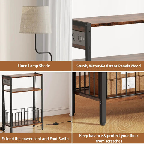 Floor Lamp With Integrated Table And Storage Baskets End Table With Three Color Temperature LED Bulbs Nightstand With USB Charging Station And Shelves Side Table For Living Room Bedroom Or Office Brown, close-up of linen shade and sturdy wood panels.