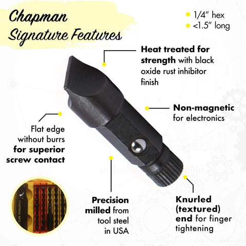 Heat-treated screwdriver bit from USA in Master Screwdriver Set with 51 Insert Bits for over 300 tool combos, textured end.