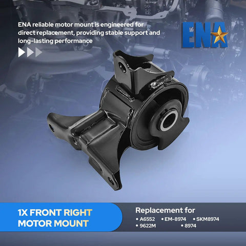 Front Right Engine Motor Mount For Honda Accord 1998 Through 2002 V6 3.0L Odyssey 99 Through 04 Acura CL And TL Rock Solid Bolt On Replacement A6552 Em8974 Daily Driver black steel motor mount side view.