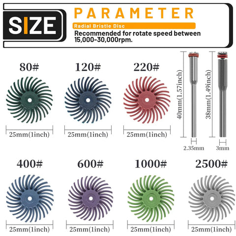 76 Piece 1 Inch Radial Bristle Disc Kit With One Eighth Inch Shank For DIYers Using Rotary Tools Detail Abrasive Brush Display