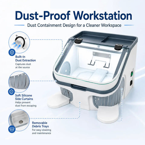 Zhenyuwang Desktop Dental Dust Collector with Bright 3 Sided Shadow Free Led Lights For Precision Work And Easy Tiered Cleanup System showing built-in dust extraction and soft silicone curtains.