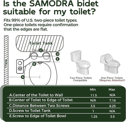 Diagram showing toilet measurements for Must Have Non Electric Cold Water Bidet Toilet Seat Attachment With Pressure Controls And Retractable Self Cleaning Dual Nozzles For Front And Rear Wash In Black.