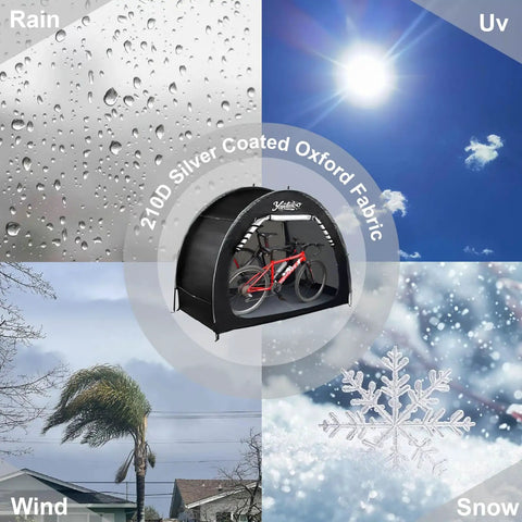 Image showcasing 6.6Ft Waterproof Bike Storage Shed Tent For 2 Bikes, showing weather resistance against rain, UV, wind, snow.