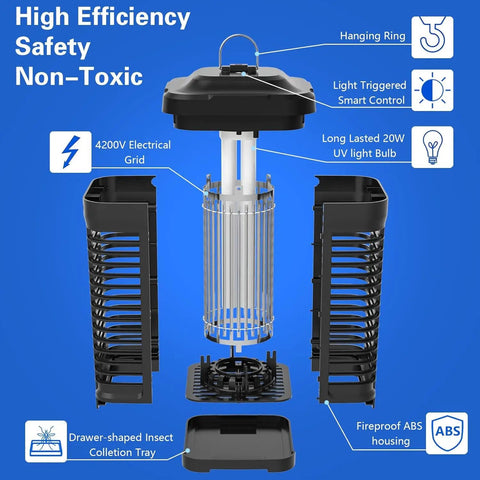 Outdoor Indoor Mosquito Killer Zapper With Smart Light Sensor, 4300V 18W Electric Insect Killer disassembled view