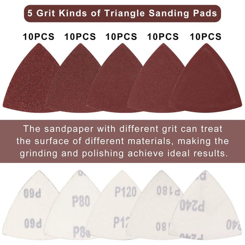 Two Pack Three One Eighth Inch Oscillating Tool Sanding Pad And Fifty Triangular Sanding Pads Set with assorted grits 60 to 240