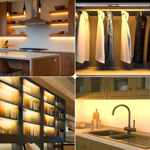 Under Cabinet Lighting Kit Dimmable 12 Inch LED Closet Lights With Plug In And Hardwired Options illumines kitchen, closet, shelf.