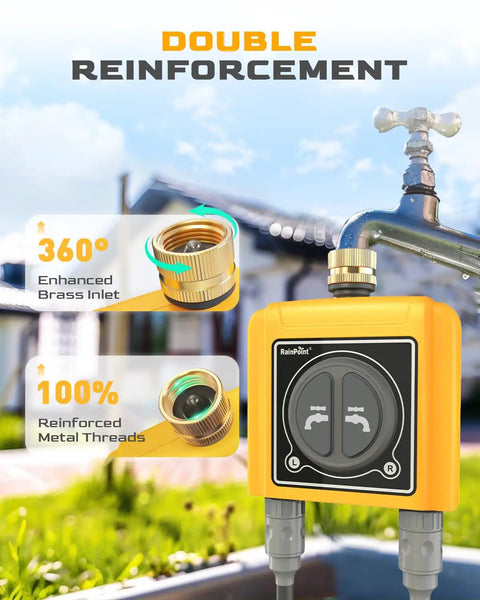 Smart WiFi Hose Timer With Brass Inlet And Dual Outlet Sprinkler Controller Weather Based Auto Irrigation That Skips Rainy Days App And Voice Control Soil Moisture Or Quantity Sensing For Your Yard, yellow dual-outlet hose timer