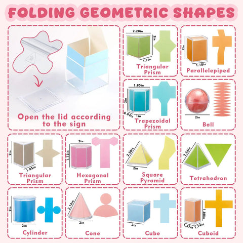 Hands On Geometry Kit With 12 Geometric Solids And 12 Folding Nets, Multicolored 3D Shapes And 2D Folding Cards For Visual Learning