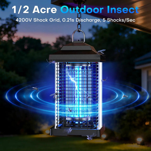 Dual Wavelength UV Bug Zapper For Outdoor Use With 365nm And 395nm UV Bulbs, 50000 Hour Lifespan, 4200V Electric Mosquito Zapper