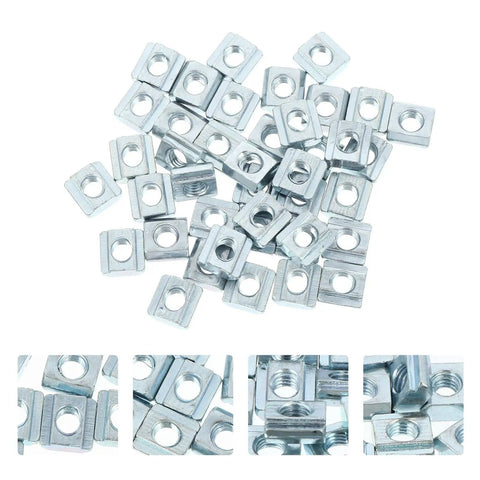 Forty Pack Carbon Steel T Slot Nuts for Aluminum extrusion rails showing silver coated T-nuts in a pile.