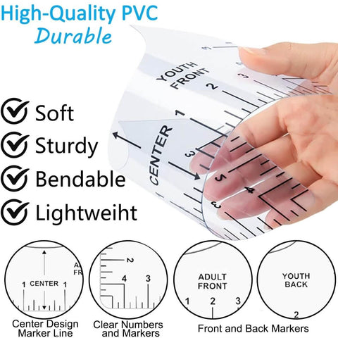12 Pack T Shirt Ruler Guides for Vinyl Alignment and Centering Designs, flexible PVC rulers in hand, close-up showing markings.