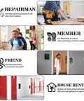 Smart Key Lock Box Wall Mount With Four Unlock Options Password App Bluetooth Wi Fi One Time Codes Remote Access Via Wi Fi Bridge Spare Key Safe For Home Airbnb Realtors Apartments And Stores showing usage scenarios for repairmen, members, friends, and house rental with graphics and descriptive text.
